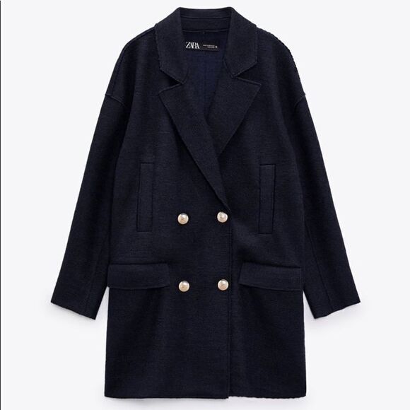 Zara Wool Blend Navy Coat Contrast Buttons New - Picture 1 of 3
